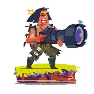 Un photographe armé d'un très gros appareil photo débarque comme Rambo.
