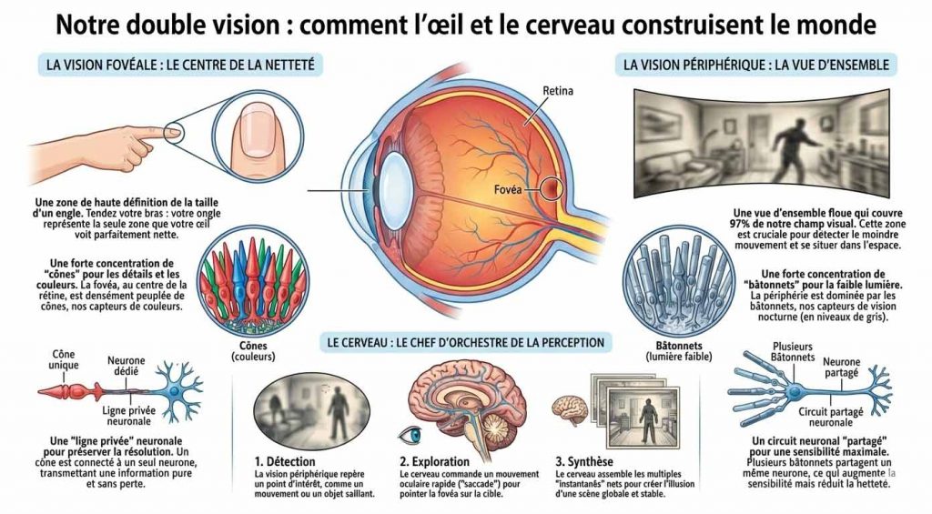 Infographie didactique expliquant le rôle des cônes, des bâtonnets et du cerveau dans la construction d'une image stable et nette.