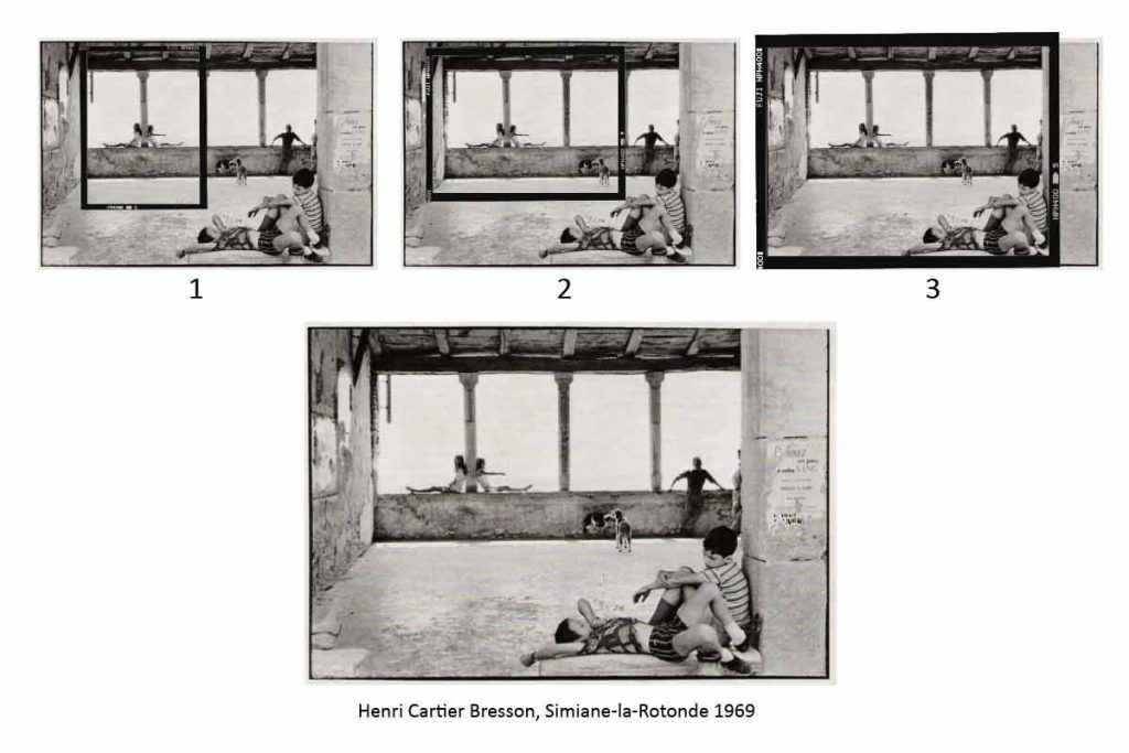 Analyse pédagogique du cadrage de Henri Cartier-Bresson à Simiane-la-Rotonde illustrant la vision fovéale et périphérique