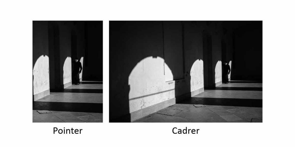 Comparaison visuelle entre pointer un sujet central et cadrer une scène en utilisant la géométrie des ombres et des arches.