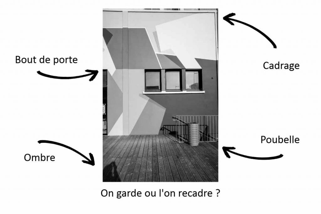Analyse des éléments parasites sur les bords d'un cadre photo : poubelle, ombre et bout de porte.