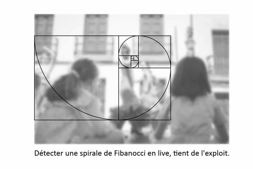 Spirale de Fibonacci superposée sur une scène de rue pour illustrer l'impossibilité de calculer des proportions complexes dans l'urgence.