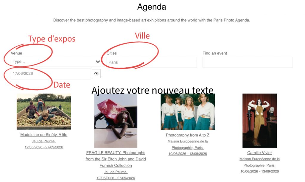 Interface du site Agenda.ParisPhoto